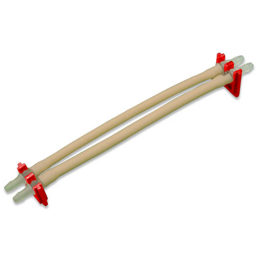 Two red and white plastic tubes featuring red handles, positioned side by side against a neutral background.