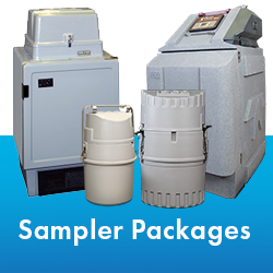 A collection of sampler packages designed for industry, showcasing various products for water sampling.  Text reads "Sampler Packages."
