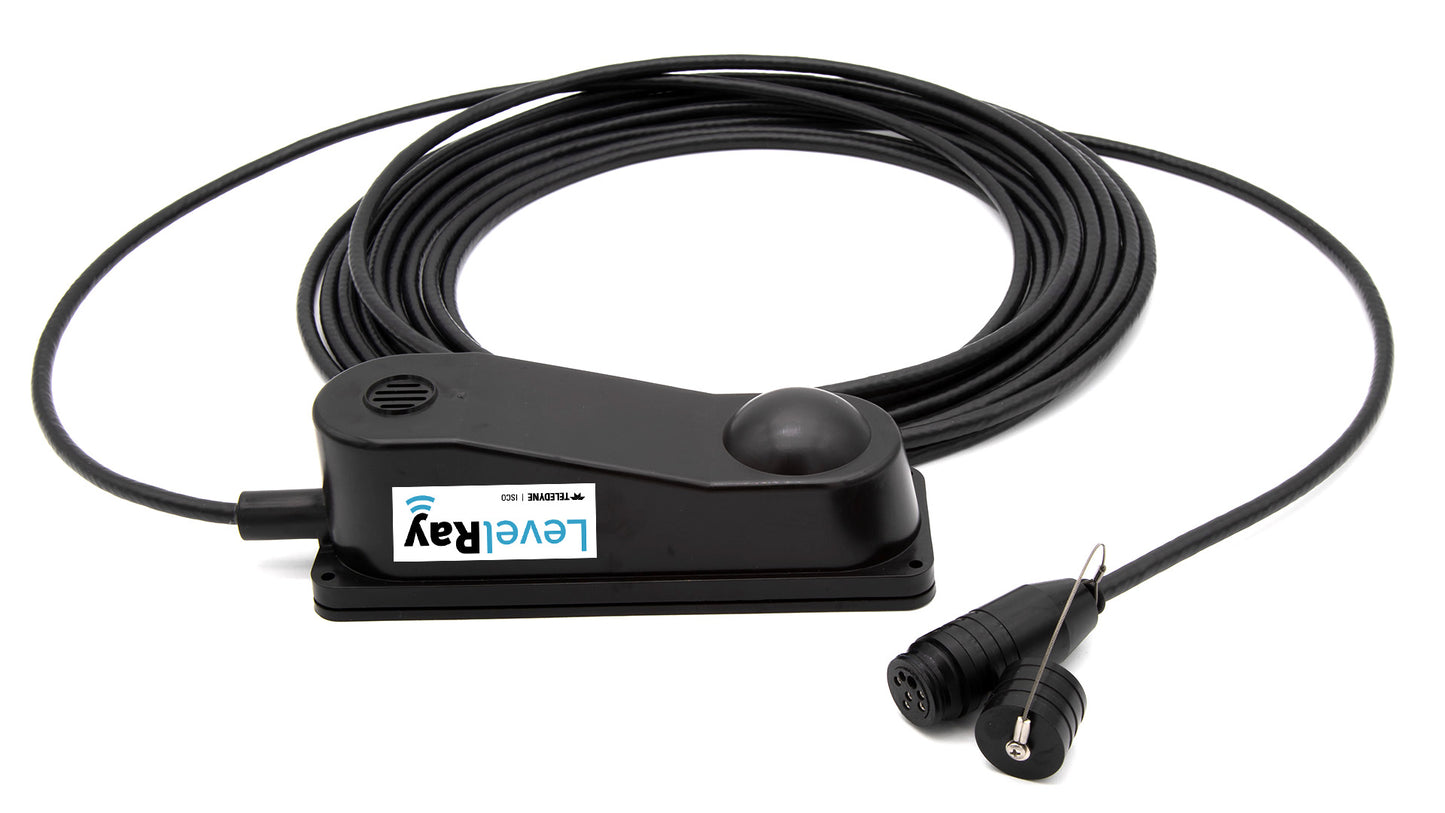 Black electronic device with cable on a white background, featuring the LevelRay logo.