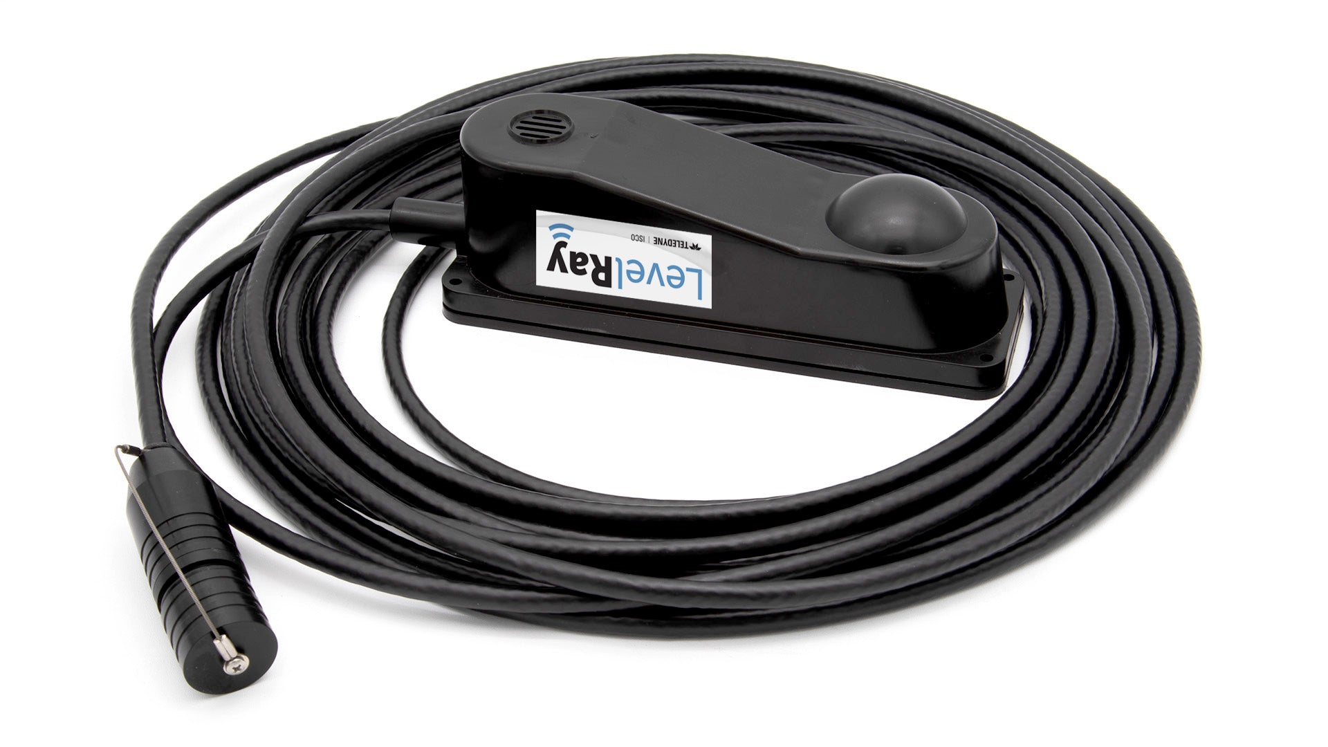 Black electronic device with a cable on a white background