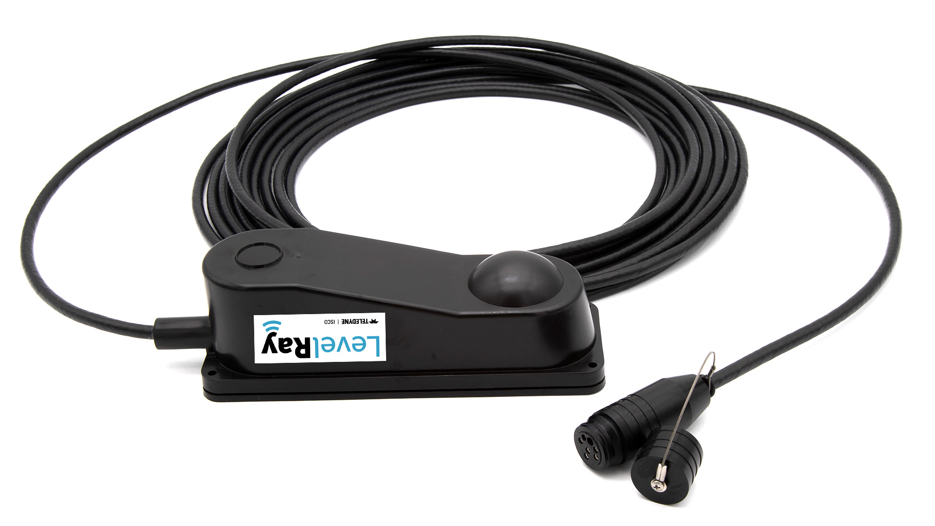 Black electronic device with a cable on a white background