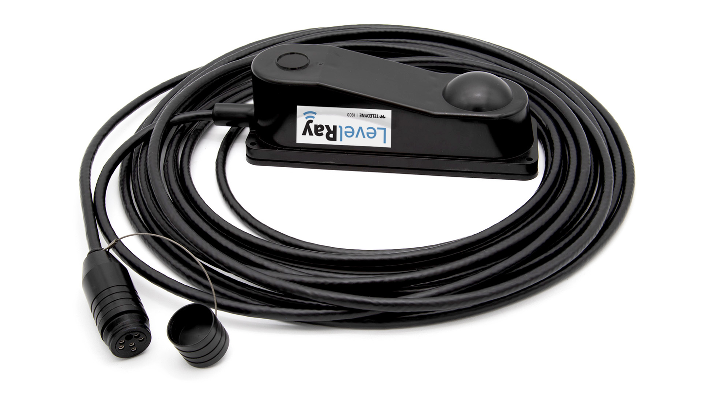 Black electronic device with a cable on a white background