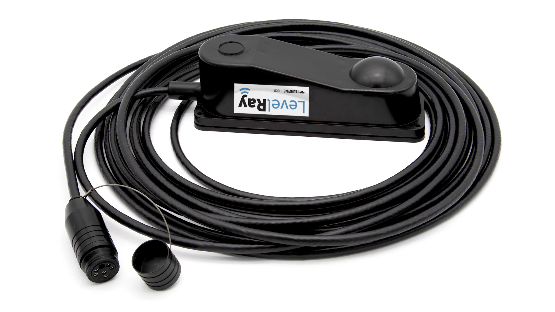 Black electronic device with a cable on a white background