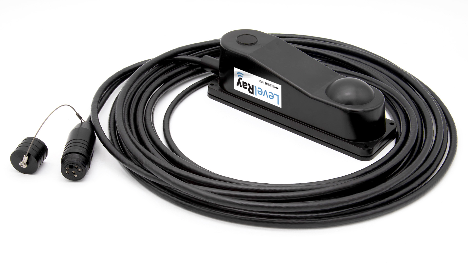 Black electronic device with a cable on a white background