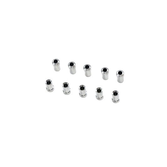 A collection of various metal nuts arranged on a clean white background, showcasing their different shapes and sizes.