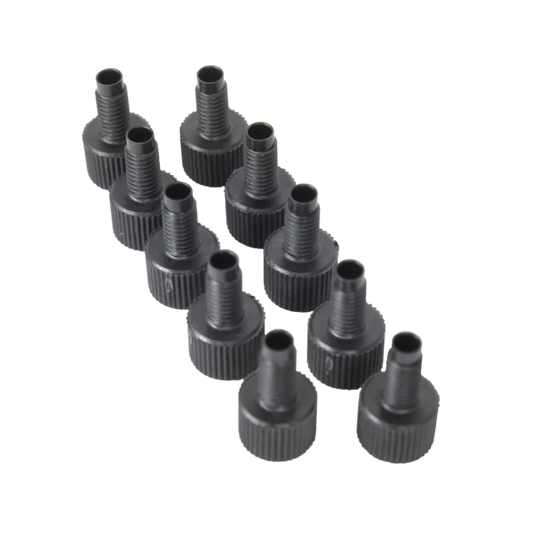 A collection of plastic thumbscrew fittings arranged neatly, showcasing their various shapes and sizes.