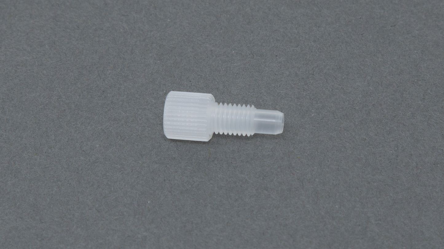 Clear plastic nut with threads.