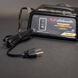 Battery charger with clips for connection to battery.