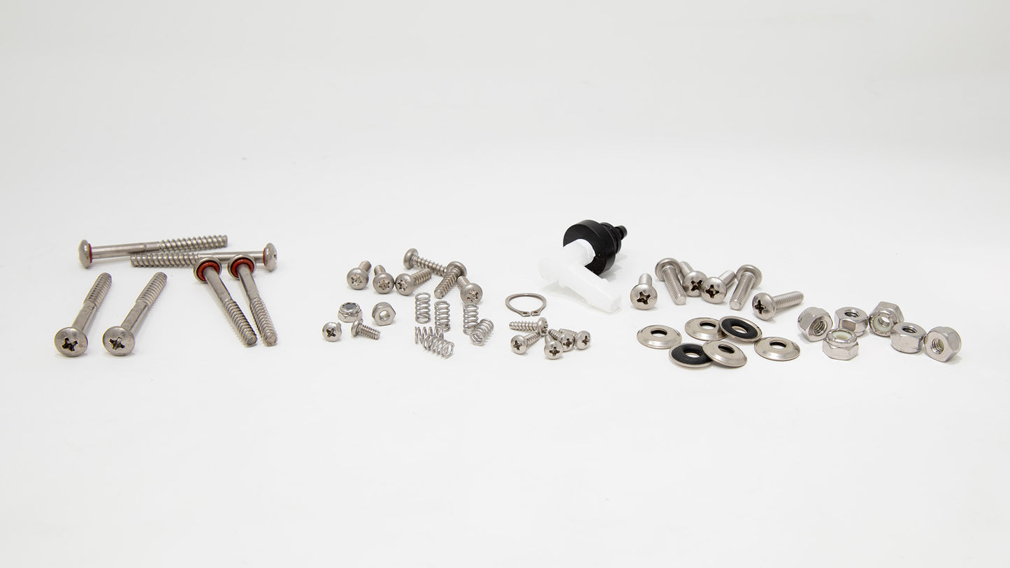 Collection of various parts including springs, washers, screws, o-rings and nuts.