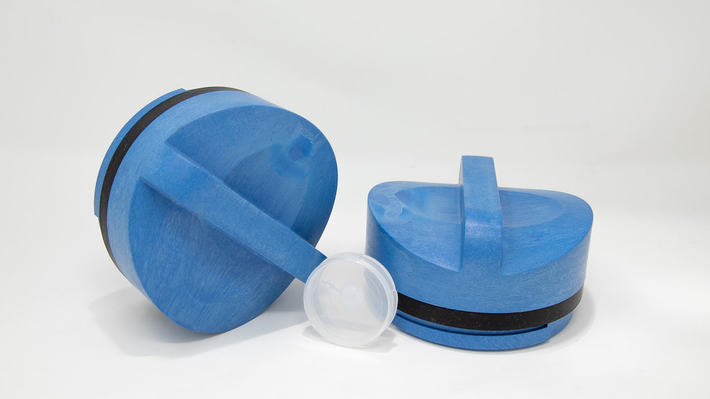 Round plastic caps with handles and seals.