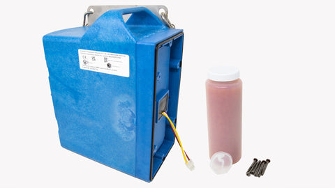 Plastic box with connecting wires, handle, desiccant and screws.