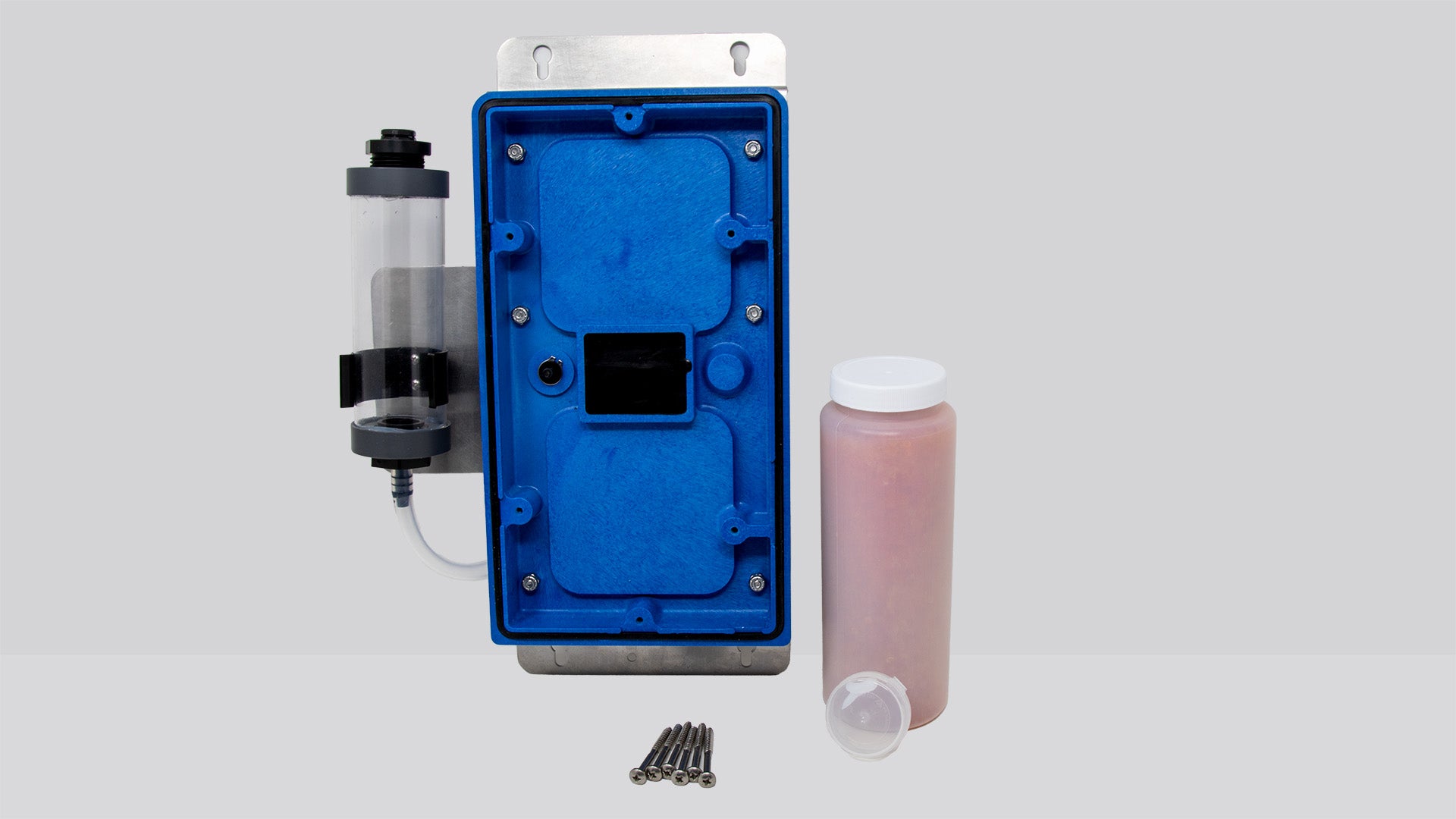 Plastic cover with mounting brackets, desiccant, and desiccant tube.