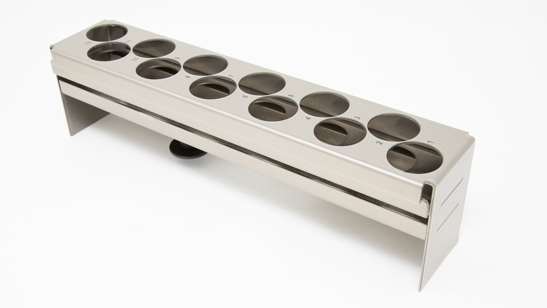 Stainless steel rack with holes to hold vials