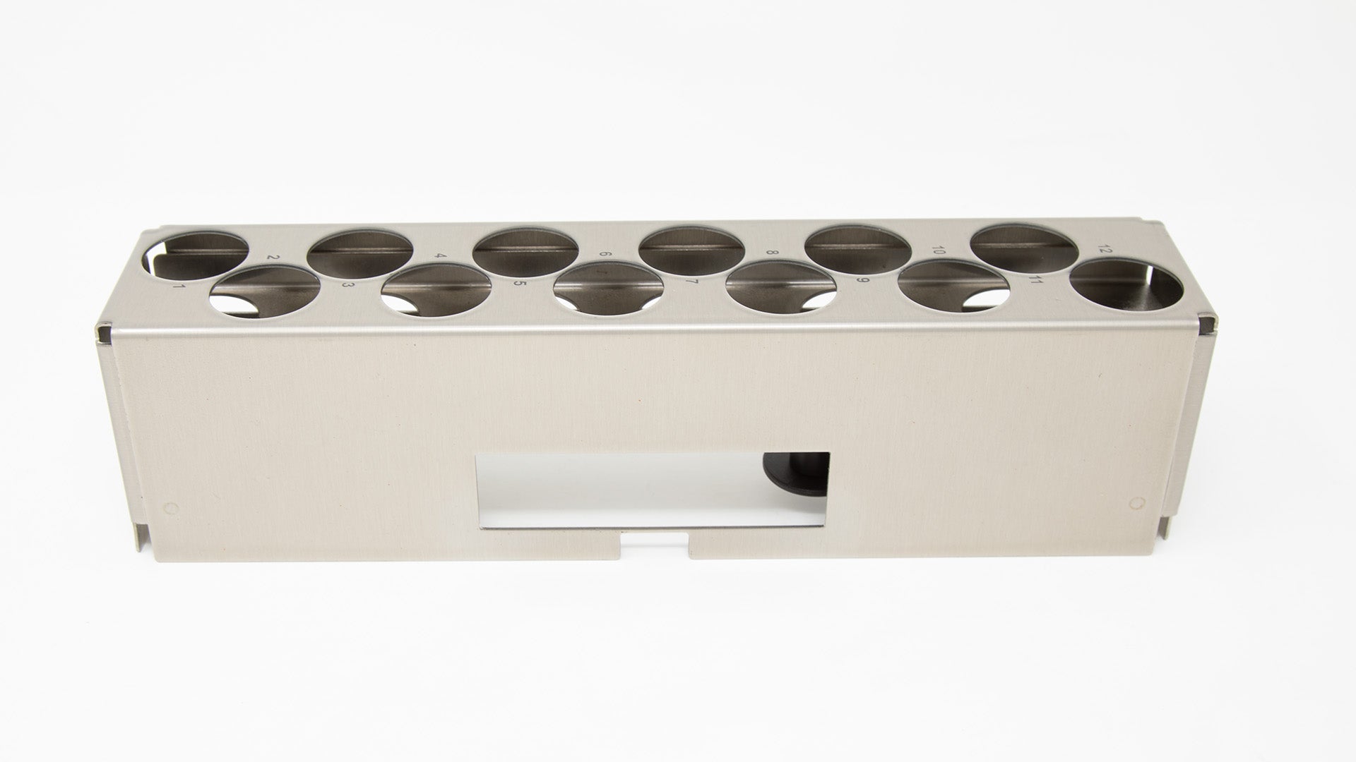 Stainless steel rack with holes to hold vials