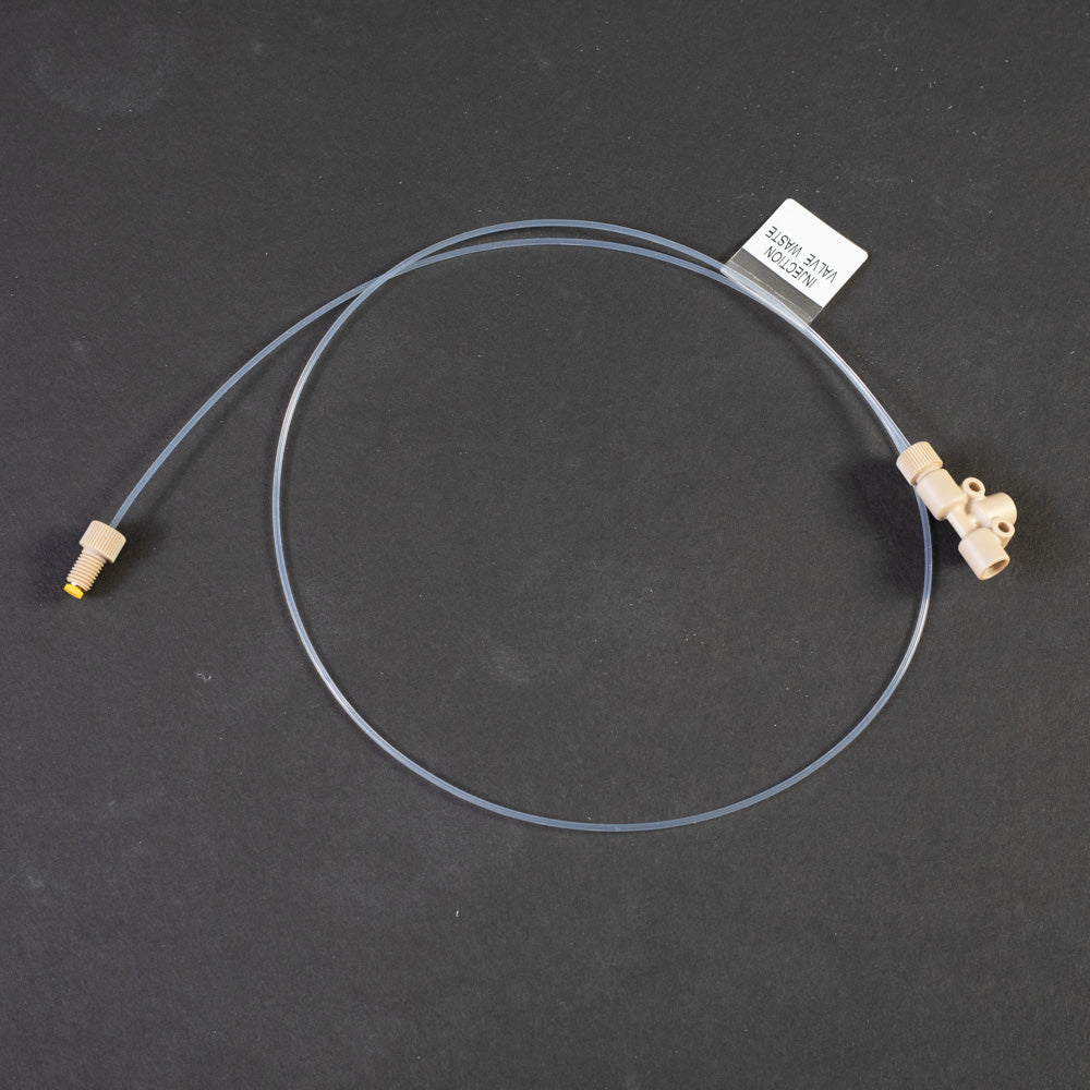 Auto injector long waste tubing assembly.  Includes 30 inches of PTFE tubing, PEEK tee, ferrules and nuts.