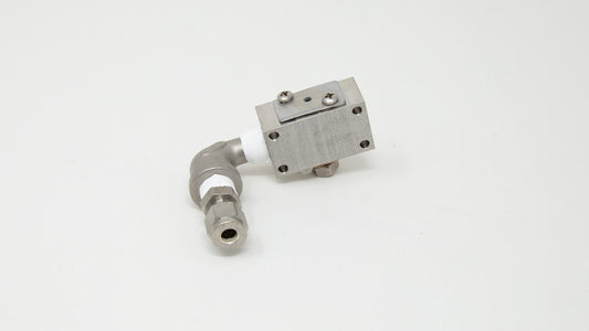 Stainless steel box with external elbow connector.