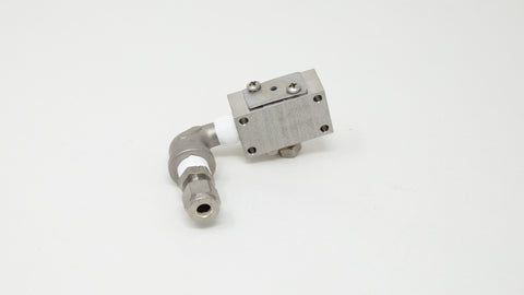 Stainless steel box with external elbow connector.