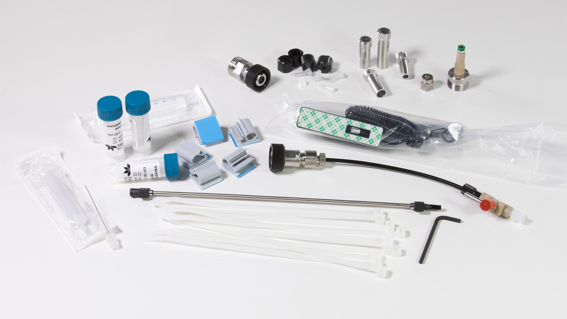 Prime Tube Assembly, Stylus, Female luers, Cartridge adapter, plug, Liquid injection kit, ferrules, clips, and o-rings
