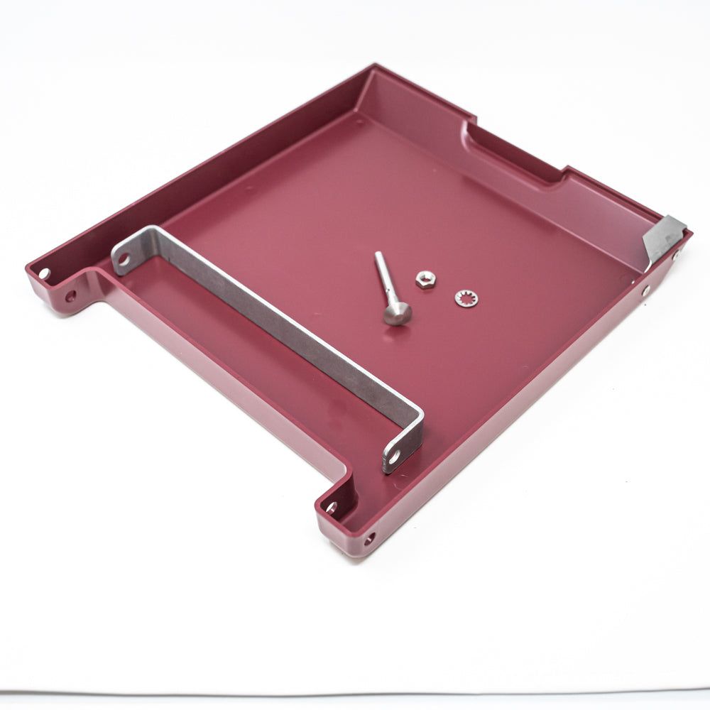 Plastic cover, pop rivets, hinge bracket, hinge pin, washer, nut, locking hasp.