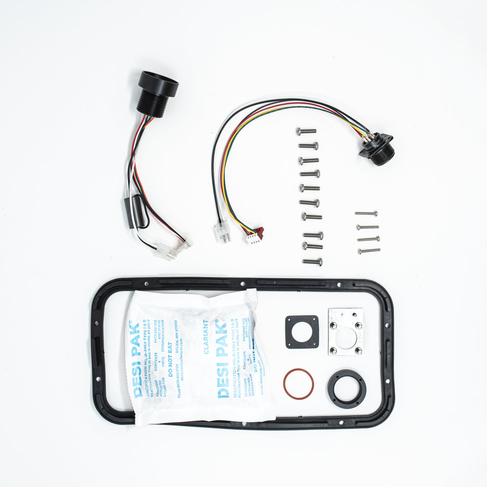 Connector backing plate, controller wiring harness, male connector, desiccant, seal, screws, gasket, o-ring