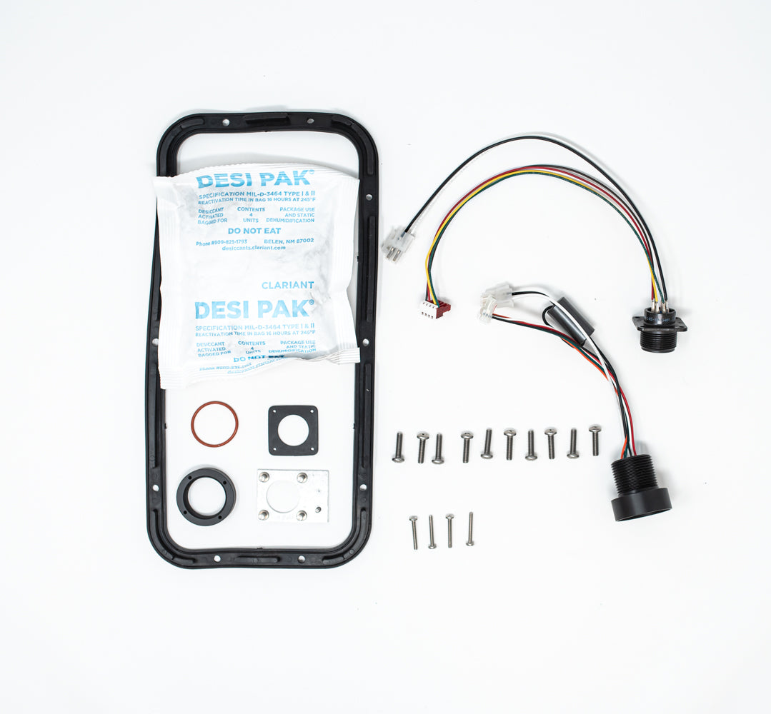 Connector backing plate, controller wiring harness, male connector, desiccant, seal, screws, gasket, o-ring