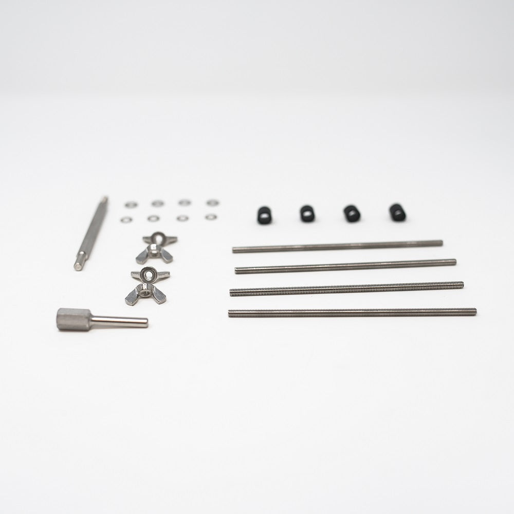 Threaded rod, stop arm, distributor stop, spacers, washers and nuts
