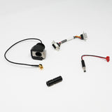 Cable assembly, female antenna plug, coax cable and clip assembly, power cable