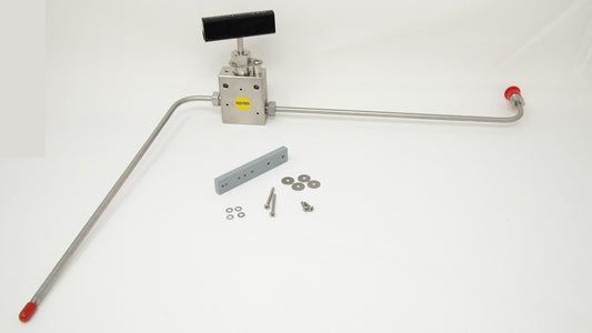 Square valve with handle and tubing, screws, washers.