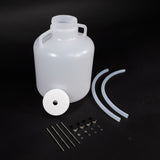Polyethylene bottle with caps, adapter kit and two discharge tubes. 
