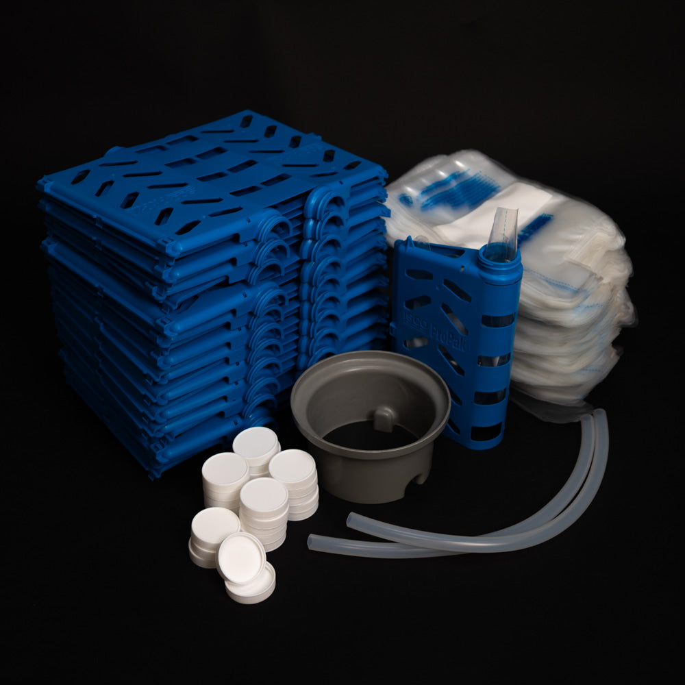 25 ProPak holders with caps, 1,000 LDPE bags, retaining ring, and two discharge tubes.