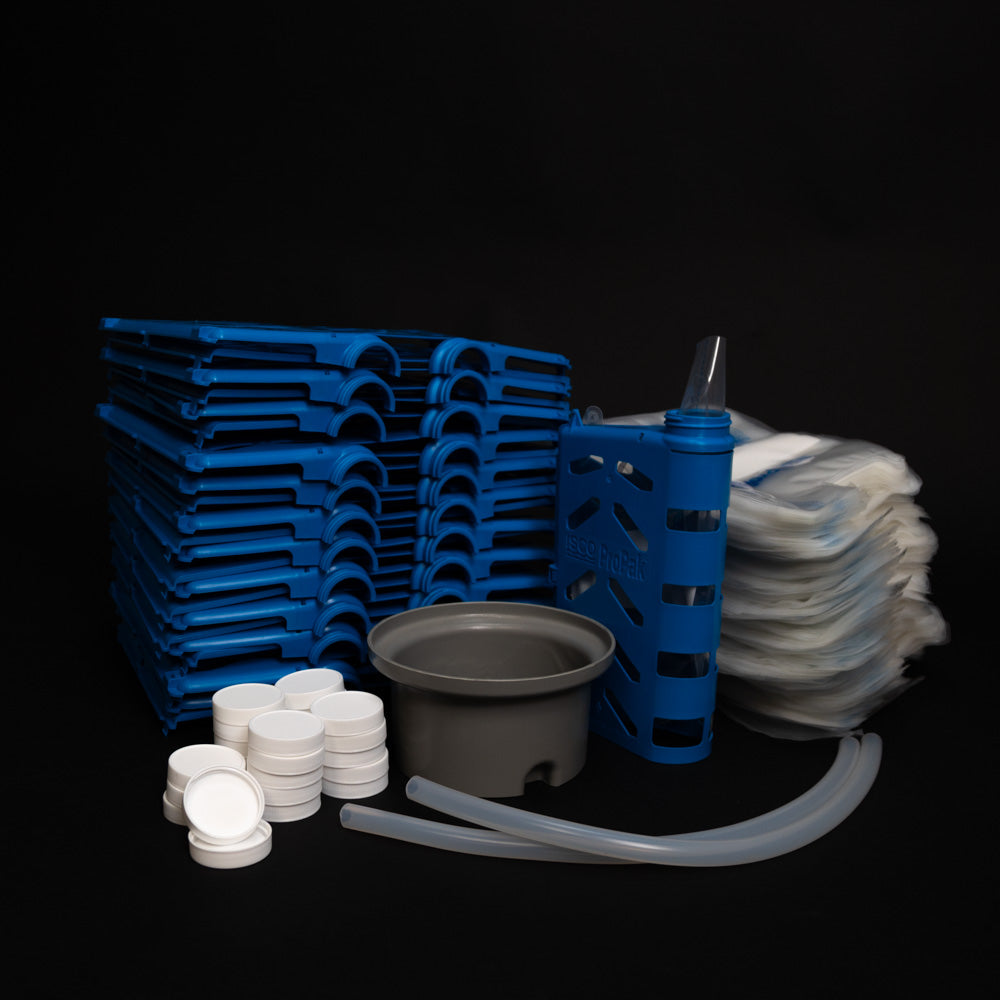 25 ProPak holders with caps, 1,000 LDPE bags, retaining ring, and two discharge tubes.