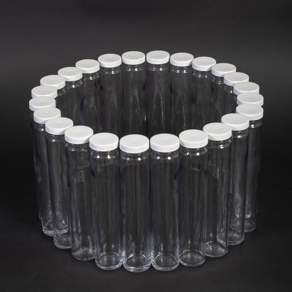 Twenty four glass bottles with caps