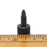 Plug with thumbscrew top, threads and pointed end with measurements.