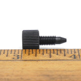 Plug with thumbscrew top, threads and pointed end with measurements.